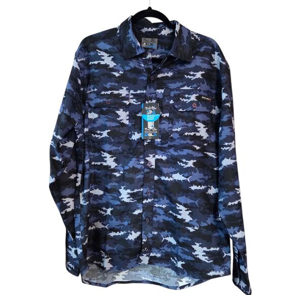 Salt Life SLX Fishing Shirt Stretch Flannel, Fish Camo Print NWT sz M Mesh Vents - Picture 12 of 13